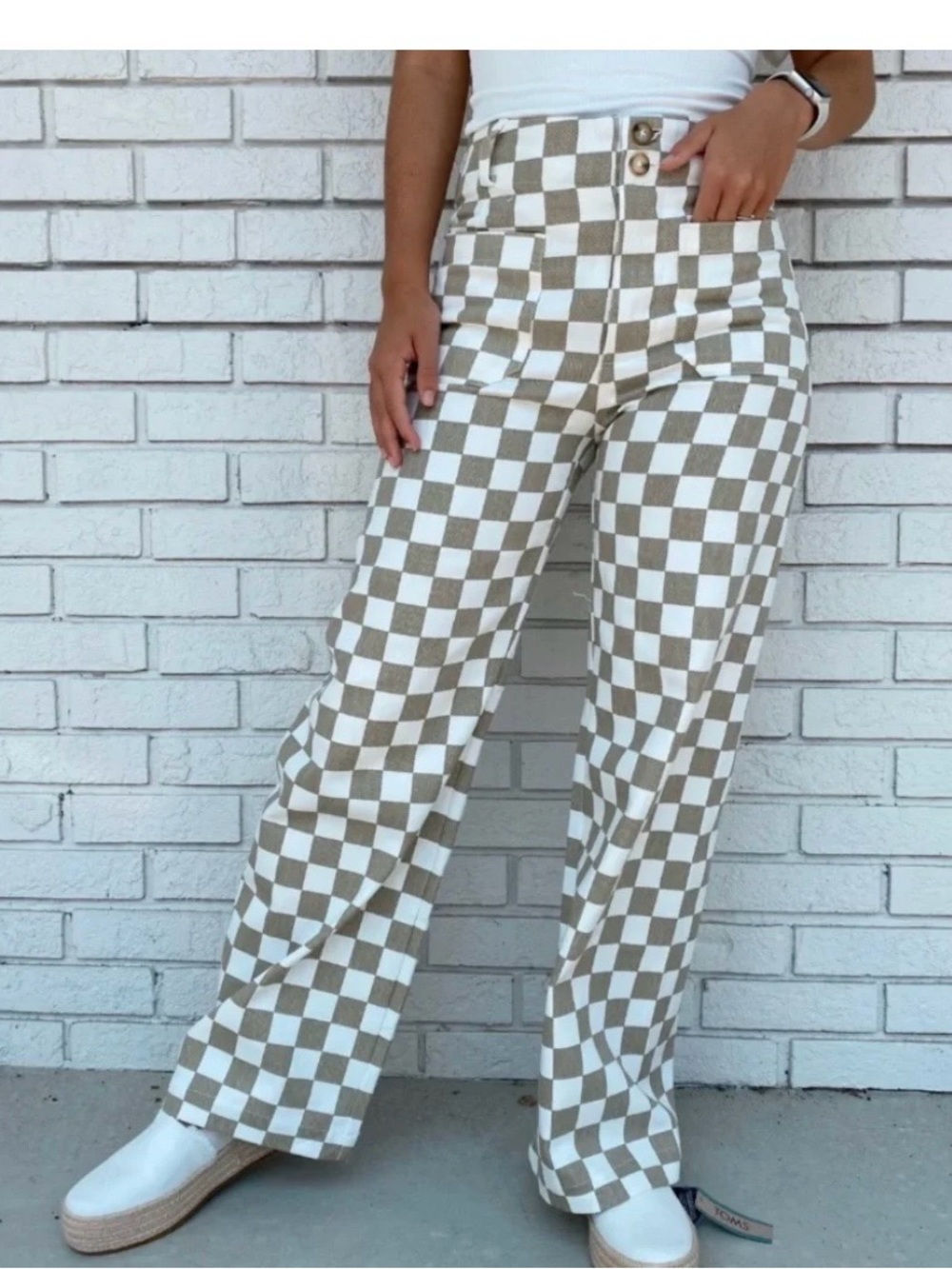Papermoon White & Beige Checkerboard Wide-Leg Pants